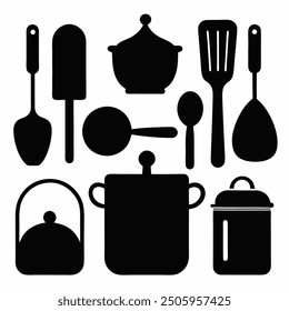 A comprehensive collection of kitchen tools silhouette vectors. Perfect for culinary-themed projects, these high-quality designs include essential utensils and appliances in clean, crisp outlines.