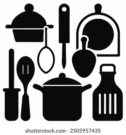 A comprehensive collection of kitchen tools silhouette vectors. Perfect for culinary-themed projects, these high-quality designs include essential utensils and appliances in clean, crisp outlines.