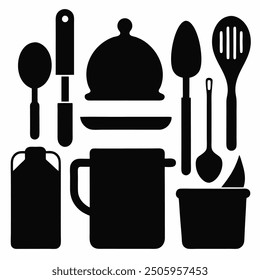 A comprehensive collection of kitchen tools silhouette vectors. Perfect for culinary-themed projects, these high-quality designs include essential utensils and appliances in clean, crisp outlines.