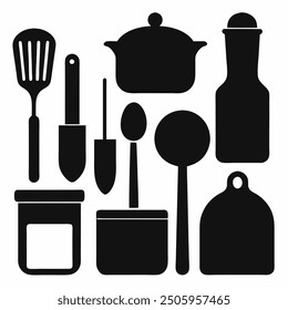 A comprehensive collection of kitchen tools silhouette vectors. Perfect for culinary-themed projects, these high-quality designs include essential utensils and appliances in clean, crisp outlines.