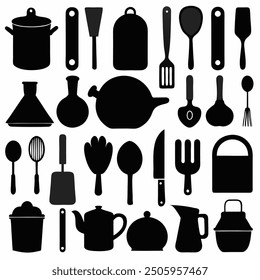 A comprehensive collection of kitchen tools silhouette vectors. Perfect for culinary-themed projects, these high-quality designs include essential utensils and appliances in clean, crisp outlines.