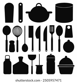 A comprehensive collection of kitchen tools silhouette vectors. Perfect for culinary-themed projects, these high-quality designs include essential utensils and appliances in clean, crisp outlines.