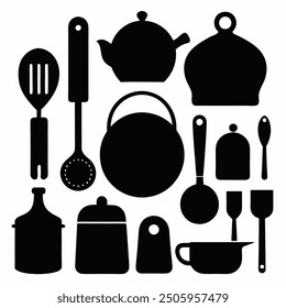 A comprehensive collection of kitchen tools silhouette vectors. Perfect for culinary-themed projects, these high-quality designs include essential utensils and appliances in clean, crisp outlines.