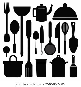 A comprehensive collection of kitchen tools silhouette vectors. Perfect for culinary-themed projects, these high-quality designs include essential utensils and appliances in clean, crisp outlines.