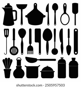 A comprehensive collection of kitchen tools silhouette vectors. Perfect for culinary-themed projects, these high-quality designs include essential utensils and appliances in clean, crisp outlines.