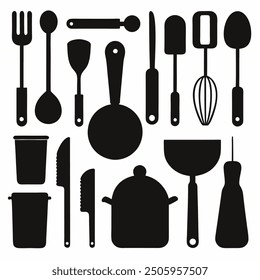 A comprehensive collection of kitchen tools silhouette vectors. Perfect for culinary-themed projects, these high-quality designs include essential utensils and appliances in clean, crisp outlines.