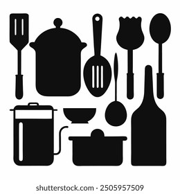 A comprehensive collection of kitchen tools silhouette vectors. Perfect for culinary-themed projects, these high-quality designs include essential utensils and appliances in clean, crisp outlines.