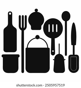 A comprehensive collection of kitchen tools silhouette vectors. Perfect for culinary-themed projects, these high-quality designs include essential utensils and appliances in clean, crisp outlines.