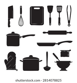 Comprehensive collection of kitchen utensil silhouettes. Items include knives, whisks, cutting boards, spatulas, tongs, cookware, pots, pans, and oven mitts. Ideal graphic elements for culinary branding, restaurant menus, food blogs, kitchenware packaging, and cooking tutorial illustrations.