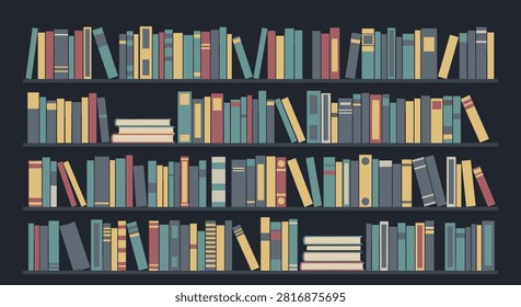 A comprehensive collection of knowledge represented by bound volumes arranged on shelving units