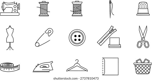 A comprehensive collection of line art icons illustrating various essential sewing and tailoring tools and supplies, including a sewing machine, thread, needles, scissors, and fabric.