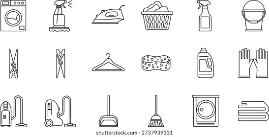 A comprehensive collection of line art icons depicting various household cleaning and laundry items, including appliances like washing machines and vacuum cleaners, tools such as brooms, dustpans, irons, and sponges, along with supplies like detergent, spray bottles, and laundry baskets.