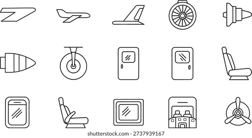 A comprehensive collection of line art icons depicting various components and elements associated with aviation and air travel, including aircraft parts, interior features, and propulsion systems.
