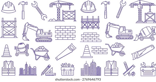A comprehensive collection of line art icons depicting various construction site tools, equipment, and urban development elements. Suitable for engineering and building projects. - Powered by Shutterstock - Get 15% off with code: PIKWIZARD15