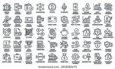 A comprehensive collection of line art icons representing banking, finance, investment, and digital currency concepts.