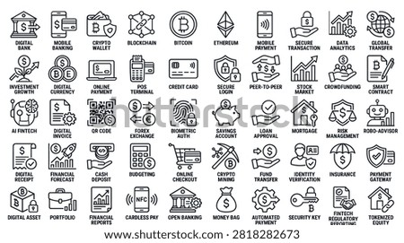 A comprehensive collection of line art icons representing banking, finance, investment, and digital currency concepts.
