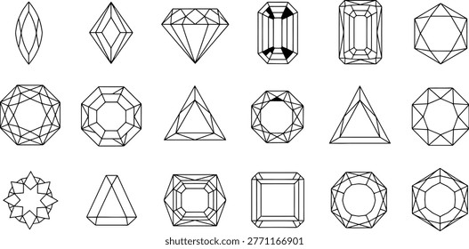 A comprehensive collection of line art illustrations showcasing various diamond cuts and gemstone shapes. This versatile set is perfect for jewelry design, luxury branding, and abstract concepts, offering clear, graphic representations of precious stones.