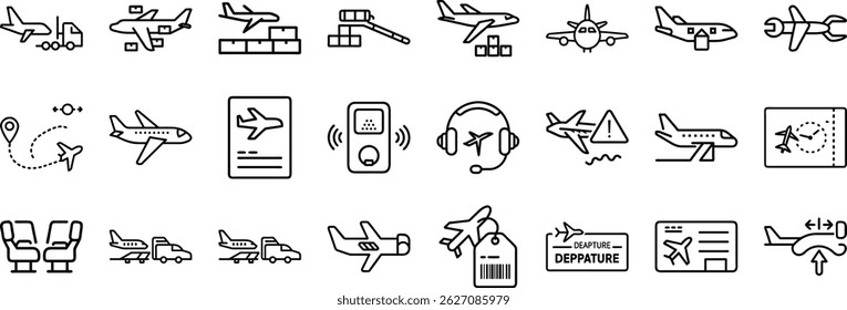 Una colección completa de íconos editables de líneas que representan varios aspectos de los viajes aéreos
