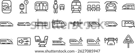 A comprehensive collection of line editable icons representing various aspects of train transportation