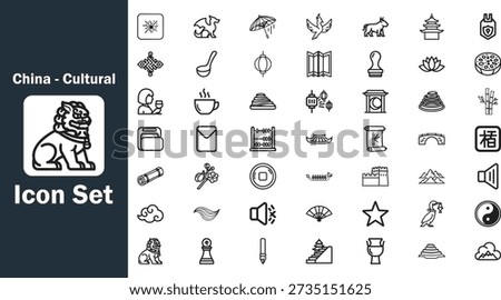 A comprehensive collection of line icons depicting various traditional Chinese cultural symbols and elements.
