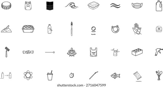 A comprehensive collection of line icons representing environmental pollution and plastic waste