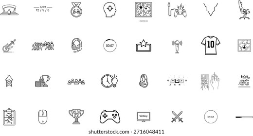 Una colección completa de íconos de línea que representan varios Elementos de juegos y deportes electrónicos