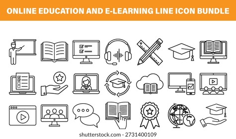Uma coleção abrangente de ícones de linha que representam conceitos de educação on-line e e-learning Vetor