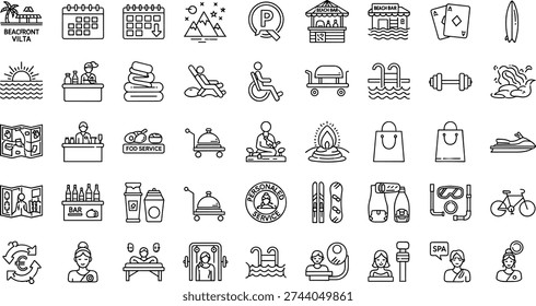Comprehensive Collection of Linear Hotel Amenities Icons Including Beachfront Villa Spa Fitness Sports Food Service and Luxury Resort Vacation Travel Symbols