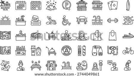 Comprehensive Collection of Linear Hotel Amenities Icons Including Beachfront Villa Spa Fitness Sports Food Service and Luxury Resort Vacation Travel Symbols