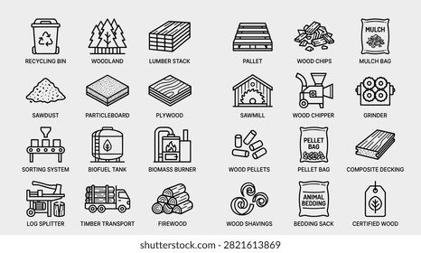 Comprehensive collection of linear icons for timber trade covering recycling bin woodland areas wood chips mulch bags particleboard log splitters biofuel tanks biomass burners wood pellets and certified wood labeling for industrial production and environmental management.