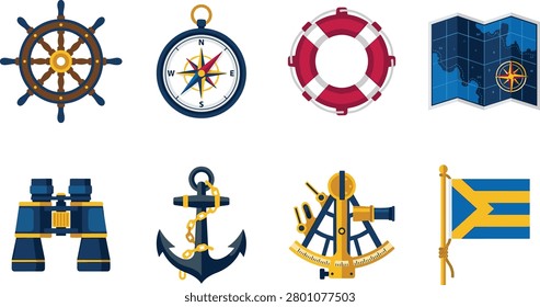 A comprehensive collection of maritime symbols including essential seafaring tools like a sextant, binoculars, and a nautical map. These high-quality flat icons are ideal for travel branding, marine-themed designs, and educational sailing materials.

