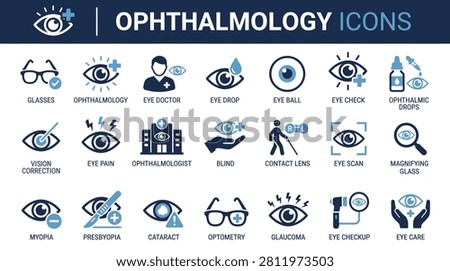 A comprehensive collection of medical icons focused on ophthalmology, eye health, vision testing, and optical equipment in a professional vector design.