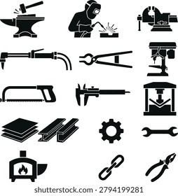 Comprehensive collection of metalworking tools including welding torches anvils vises shears gear industrial gear components metal sheets pipes.