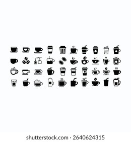 A comprehensive collection of minimalist black and white coffee and tea drink icons, perfect for diverse design applications.