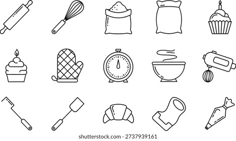 A comprehensive collection of minimalist black and white line art icons depicting various essential baking and cooking tools, ingredients, and prepared items like cupcakes and a croissant, perfect for culinary-themed designs.