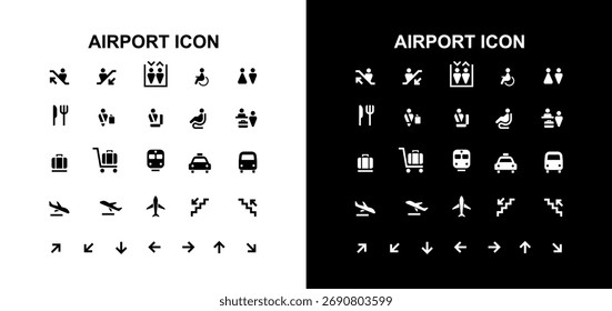 Una colección completa de iconos vectoriales minimalistas y planos para la navegación aeroportuaria y de viaje. Incluye símbolos 