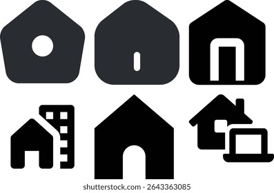 A comprehensive collection of minimalist home, house, apartment, and building icons.  Perfect for real estate websites, property listings, architectural designs, and app interfaces