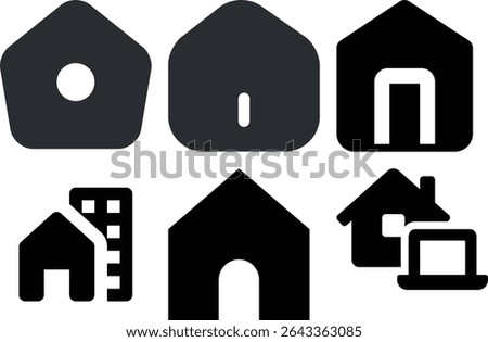 A comprehensive collection of minimalist home, house, apartment, and building icons.  Perfect for real estate websites, property listings, architectural designs, and app interfaces