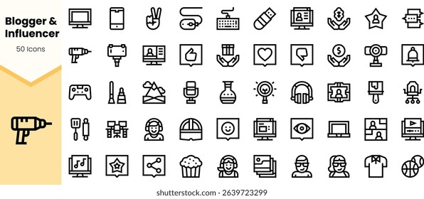 A comprehensive collection of minimalist icons representing elements of blogging and influence, including technology, community engagement, and creative expression.