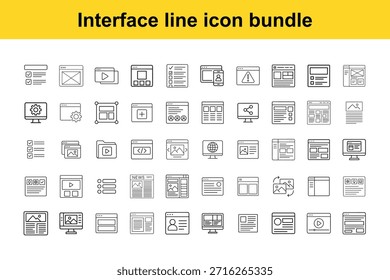 Una colección completa de iconos de líneas de interfaz minimalistas que representan App de Elementos de Sitio web y conceptos digitales