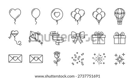 A comprehensive collection of minimalist line art icons representing celebrations, love, and special occasions, featuring balloons, gifts, flowers, and festive elements.