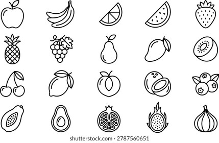A comprehensive collection of minimalist, line-art vector icons representing various fresh and healthy fruits. The design grid features twenty unique outline illustrations including everyday favorites and tropical varieties like apple, banana, watermelon, strawberry, pineapple, grape, avocado, and dragonfruit. This clean linear icon set is perfect for grocery apps, healthy recipe websites, organic market branding, nutrition guides, and menu designs.