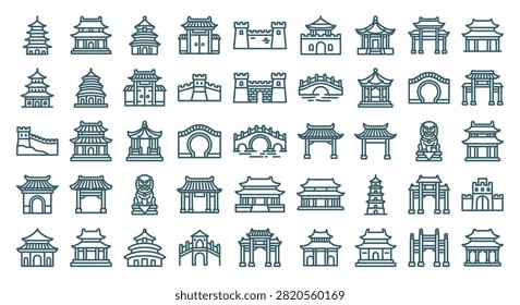 Comprehensive collection of minimalist outline icons featuring traditional Chinese architecture, including pagodas, temples, Great Wall sections, stone bridges, palace gates, and guardian lion statues.
