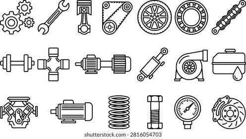 A comprehensive collection of minimalist vector icons representing various vehicle components, tools, and mechanical engineering symbols. Ideal for automotive service websites, technical manuals, and industrial design projects.
A comprehensive collection of minimalist vector icons representing various vehicle components, tools, and mechanical engineering symbols. Ideal for automotive service websites, technical manuals, and industrial design projects.
