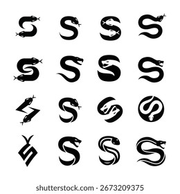 Eine umfassende Kollektion moderner, abstrakter und stilisierter Logos, die jeweils den Buchstaben "S" mit unterschiedlichen Schlangen- und Schlangendesigns kreativ integrieren.