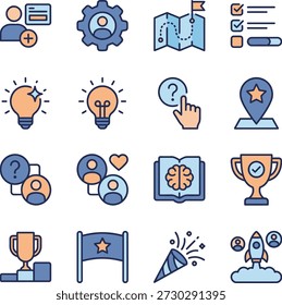 Uma coleção abrangente de ícones conceituais modernos para desenvolvimento de negócios, gerenciamento de projetos, ideias criativas, trabalho em equipe e sucesso. Ideal para interfaces digitais.