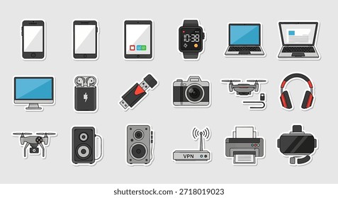 Una colección completa de aparatos electrónicos modernos y dispositivos digitales, incluidos teléfonos inteligentes, computadoras portátiles, drones y auriculares de realidad virtual, presentados como pegatinas de diseño plano sobre un fondo claro.