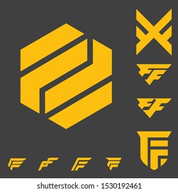 A comprehensive collection of modern FF monogram logos in a bold yellow and dark grey color palette. The set includes various geometric styles, ranging from a large hexagonal emblem to sleek, winged sports-style icons and shield-based designs. This professional vector set is ideal for fitness brands, technology startups, automotive companies, and creative agencies looking for a sharp, versatile letter-based identity.