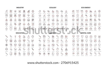 Comprehensive collection of modern line icons covering industry, ecology, eco energy, education, medicine, dental care for web, apps, infographics, presentations isolated vector illustration