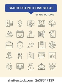 A comprehensive collection of modern, minimalist line icons representing key concepts and elements essential to startups and innovative businesses.